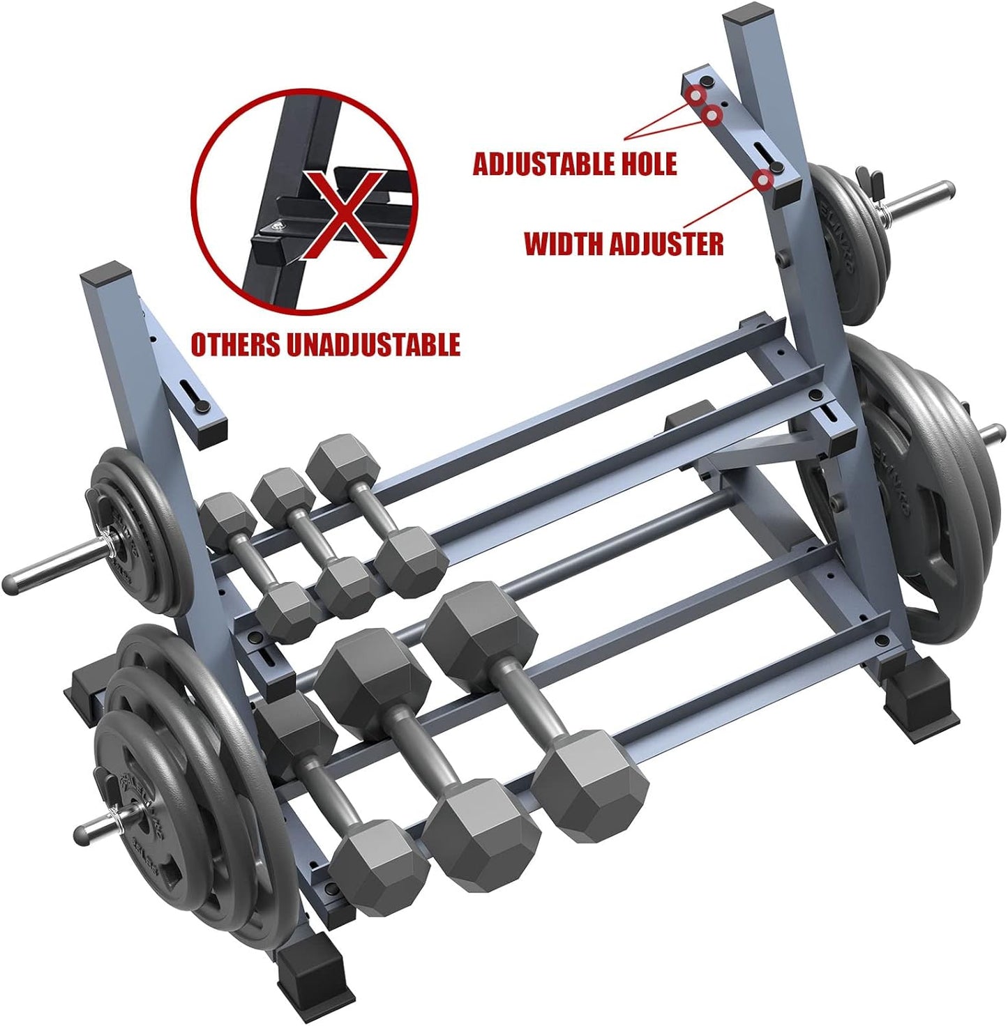3-Tier 38'' Width Dumbbell Barbell Weight Rack, 1300 Lbs Weight Capacity Storage Stand with Reinforced Tube for Home Gym, Bonus 4 Barbell Holders and 4 Pcs 1" Spring Lock Collars,Gray