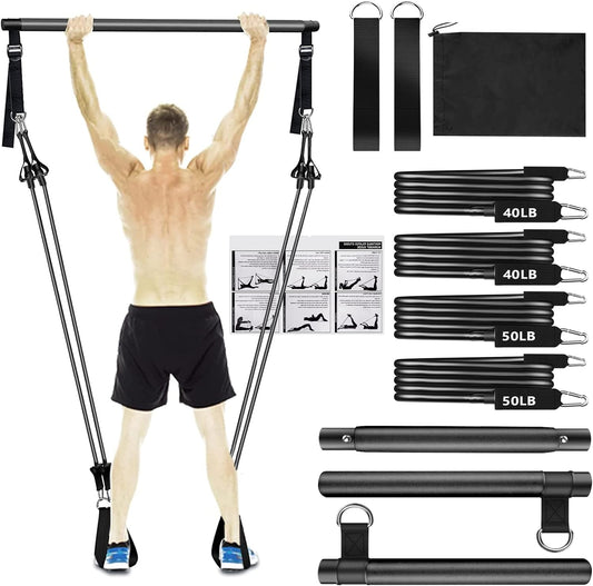 Pilates Bar Kit with Resistance Bands (40Lbs&50Lbs),  3-Section Resistance Band Bar with Adjustable Length, Workout Equipment for Home Gym Workout Legs and Butt for Full Body Shaping